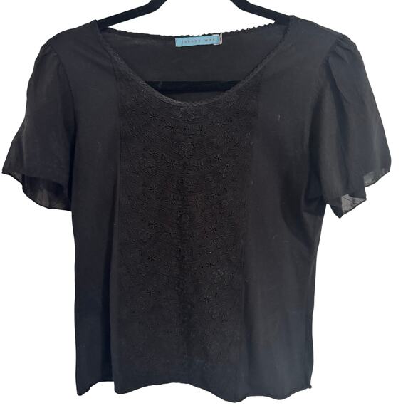 Johnny Was Tops - JOHNNY WAS Vintage Cotton Black Shirt Embroidery Panel down front in Sz S